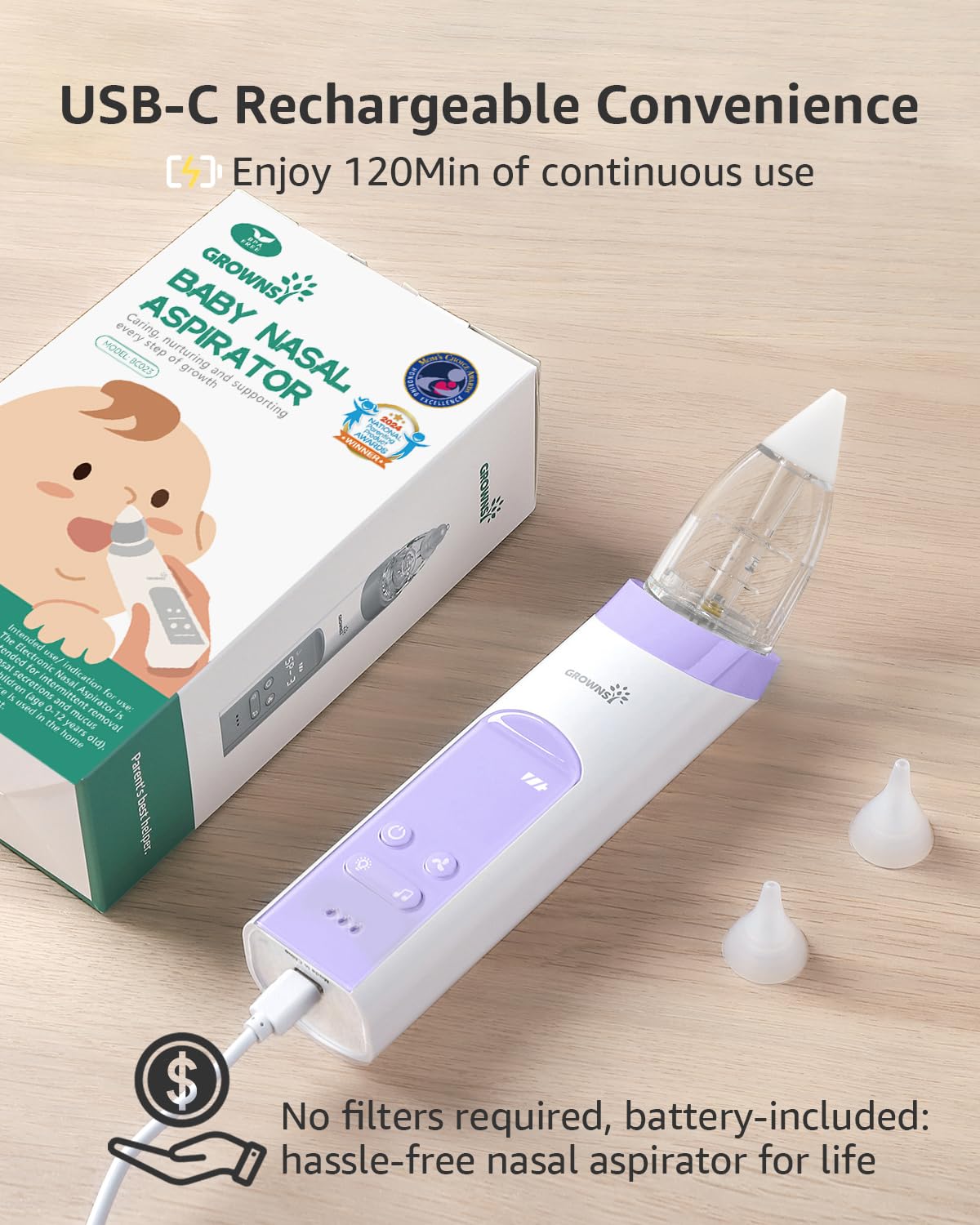 GROWNSY Nasal Aspirator for Baby, Electric Nose Aspirator for Toddler, Baby Nose Sucker, Automatic Nose Cleaner with 3 Silicone Tips, Adjustable Suction Level, Music and Light Soothing Function