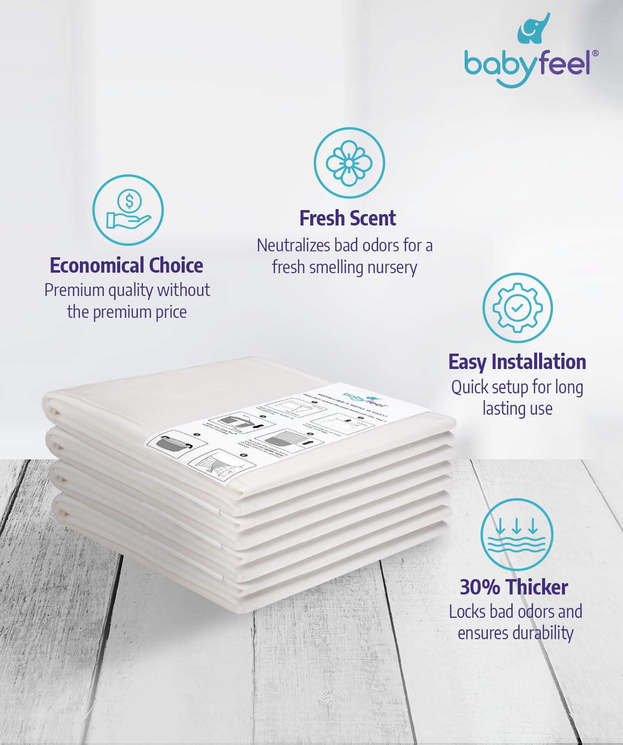Babyfeel Refills for DEKOR PLUS Diaper Pails, 8 Pack, Exclusive 30% Extra Thickness, Fresh Powder Scent, Holds up to 4640 Diapers