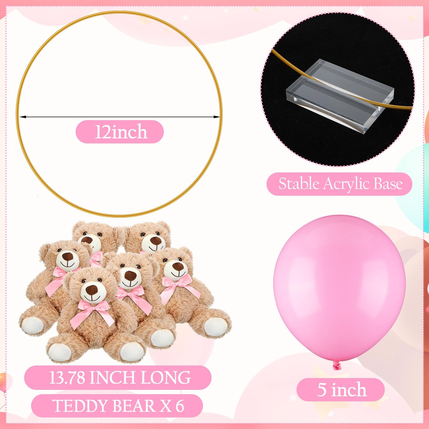 6 Sets Bear Baby Shower Table Centerpieces Bear Stuffed Animals 12 Inch Metal Floral Hoop with Stand Balloon for Wedding Baby Shower Birthday Flowers Table Decorations(Brown)