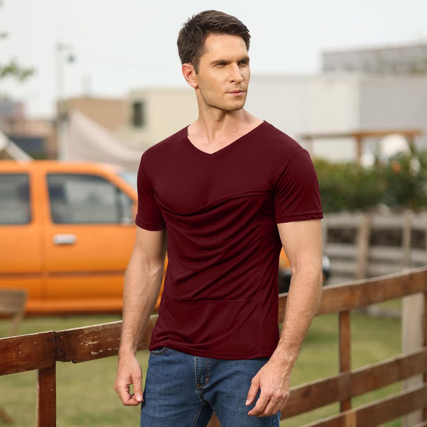 Mens Baby Carrier Shirt V Neck Short Sleeve T-Shirts for Men Skin to Skin T-Shirt with Pocket