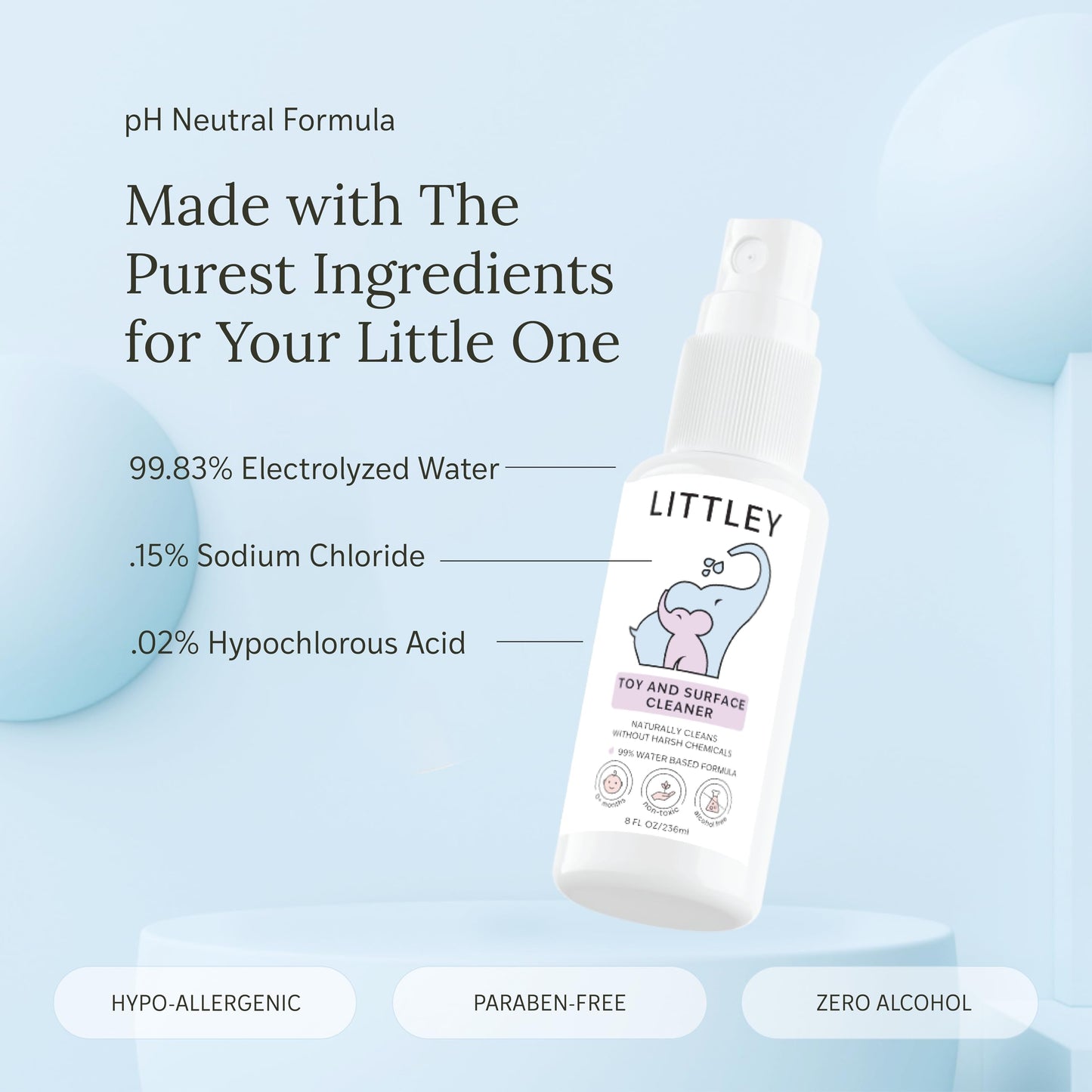 Littley Toy & Surface Cleaner with Hypochlorous Acid, Fragrance-Free, Made Without Ammonia, Bleach, Phosphates, Phthalates, or Dyes, 16oz Spray Bottle
