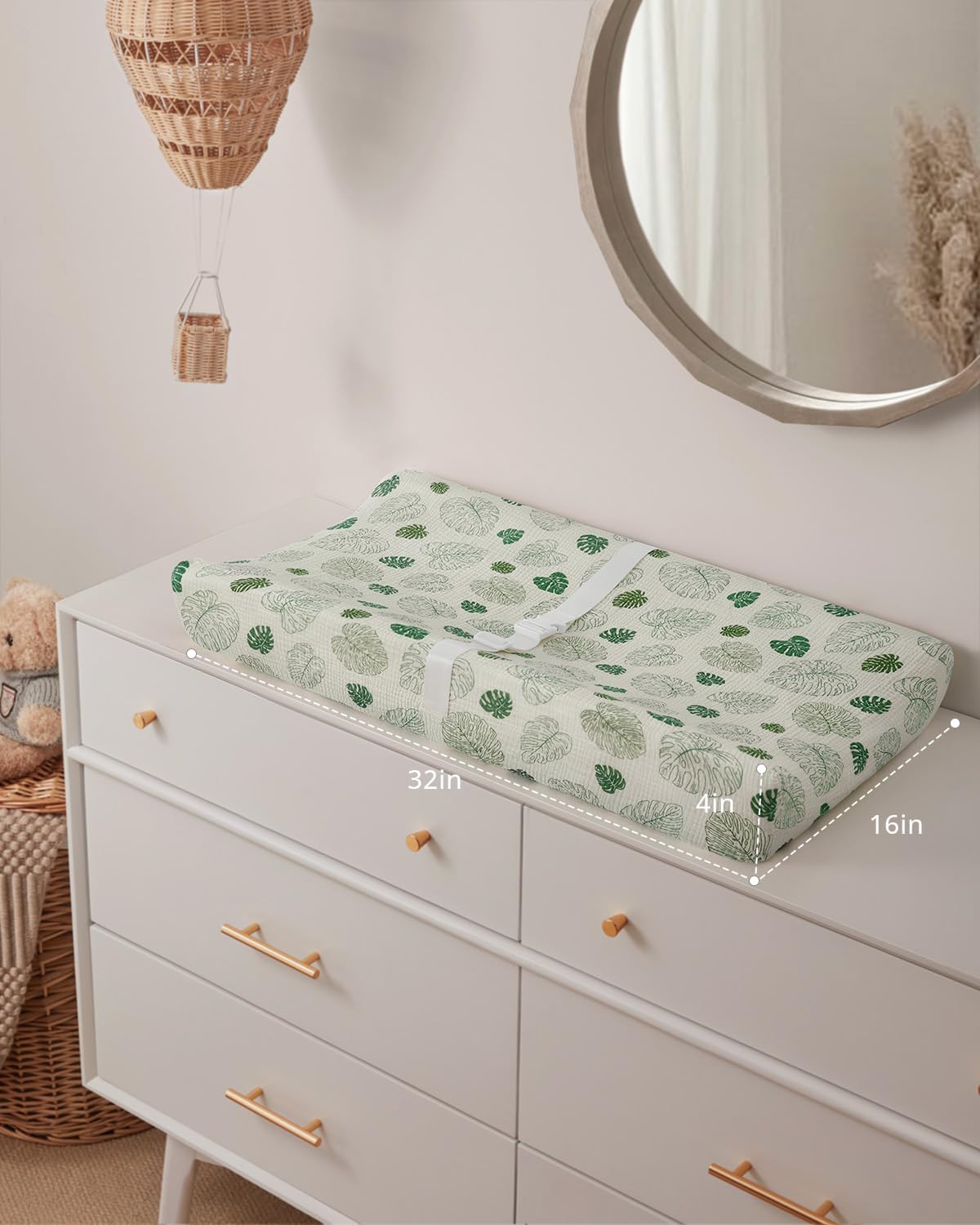 Blissful Diary Muslin Baby Changing Pad with Waterproof Lining Foam, Diaper Changing Table Pad with Cover for Dressers (Monstera, Avocado)