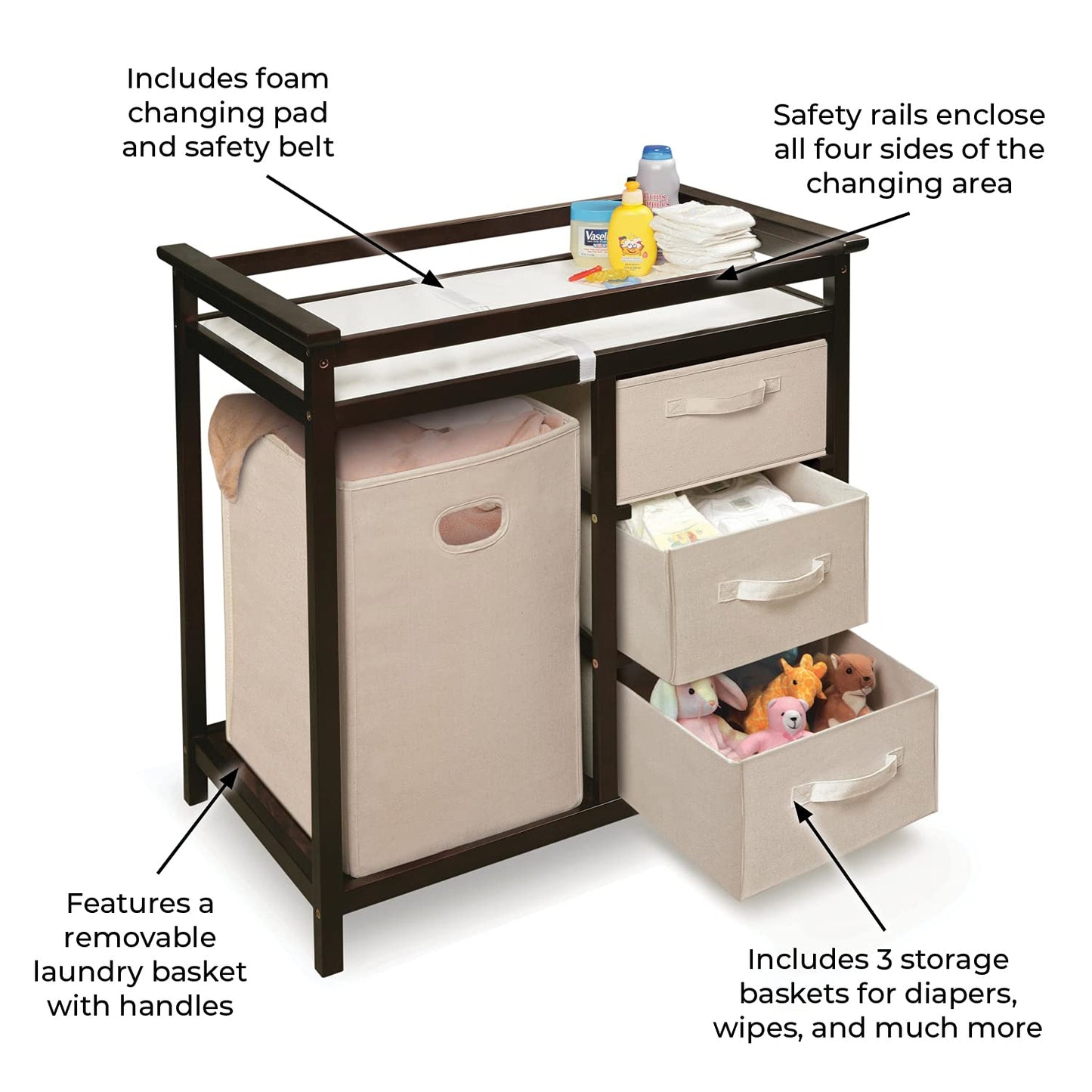 Badger Basket Modern Baby Changing Table - Portable Diaper Station with 3 Drawers Pad & Hamper - Storage Organizer for Baby Clothes, Diapers & Toys - Fresh White/White (34.25 x 20.75 x 34.5)