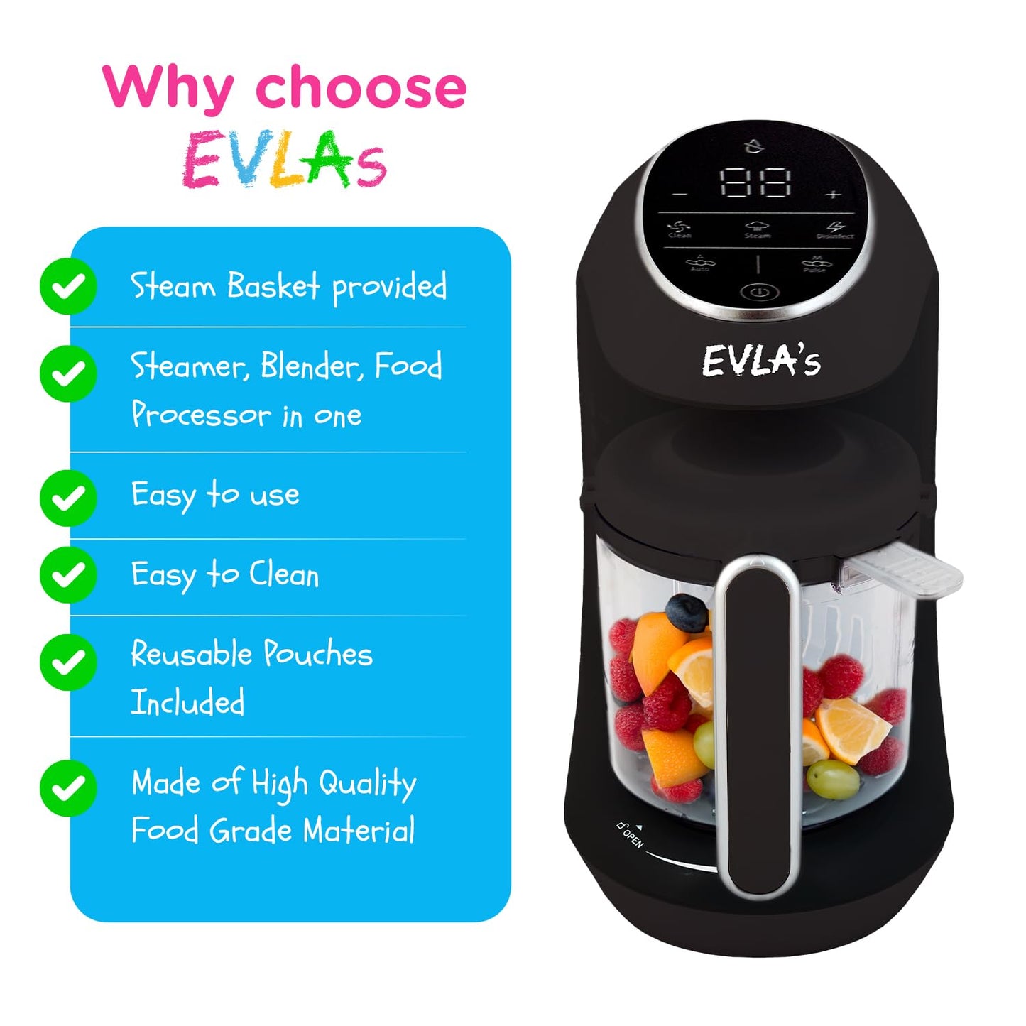 EVLA'S Baby Food Maker, Steamer, Blender, Baby Food Processor for Healthy Homemade Baby Food in Minutes, Touch Screen with 6 Reusable Food Pouches, Baby Registry Essential, White