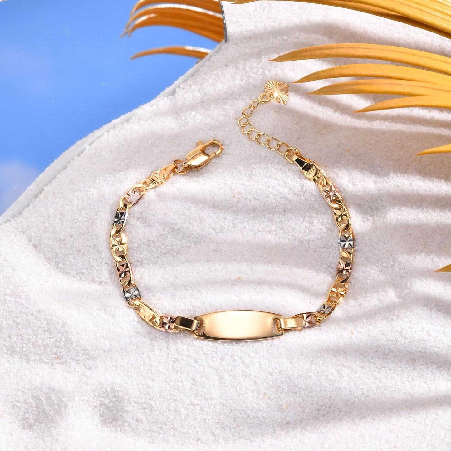 Personalized Child ID Bracelet-18K Gold Plated Tri-Color Chain Custom Name ID Plate Bar Bracelet for Children Toddler from Mom,Engraved Kid Name Customized Birthday,Back To School Gift for Daughter