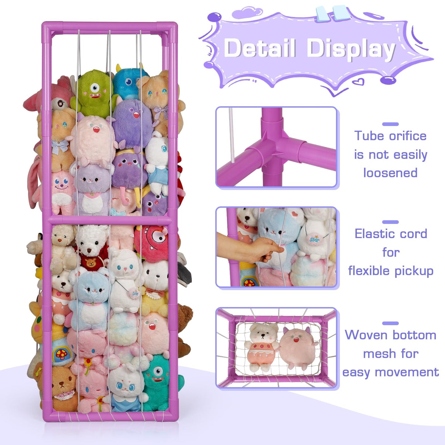 Trycooling Stuffed Animal Storage Zoo Stuffed Animal Holder Space Save Vertical Stuffed Animals Storage PVC with Elastic Band and Net for Playroom Bedroom Nursery (White 1)