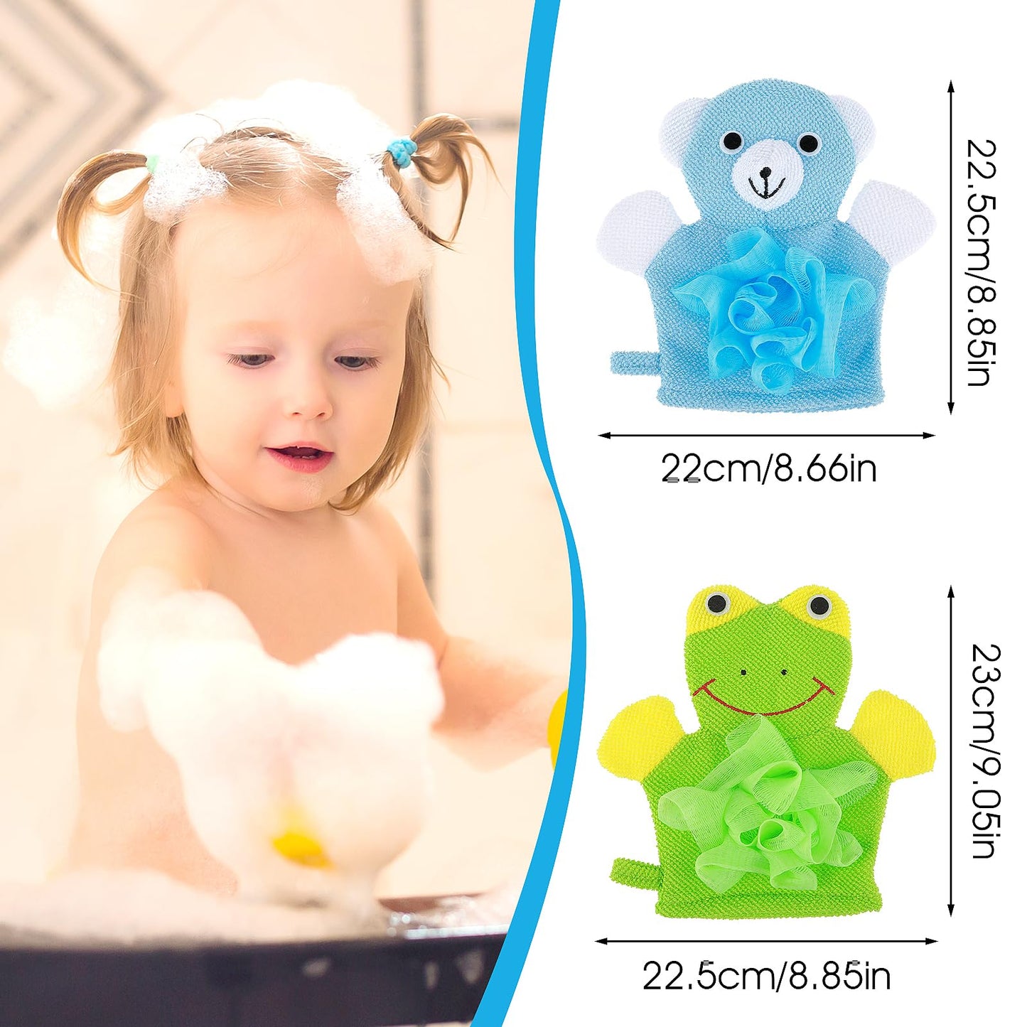 2 Pcs Bath Mitt Washcloths Gloves, Cute Cartoon Exfoliating Glove Body Scrubber, Gentle Soft Scrub Bath Loofahs Sponges for Kids Shower Washing (Pink Rabbit and Yellow Duck)