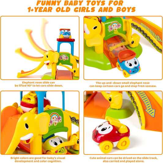 Marstone Toddler Toys for 1 2 Year Old Boys and Girls Gifts, Educational Elephant Slide with 4 Animal Cars Toys for Baby 12-18 Months, First Birthday Present Learning Push Truck Track Ages 1-2
