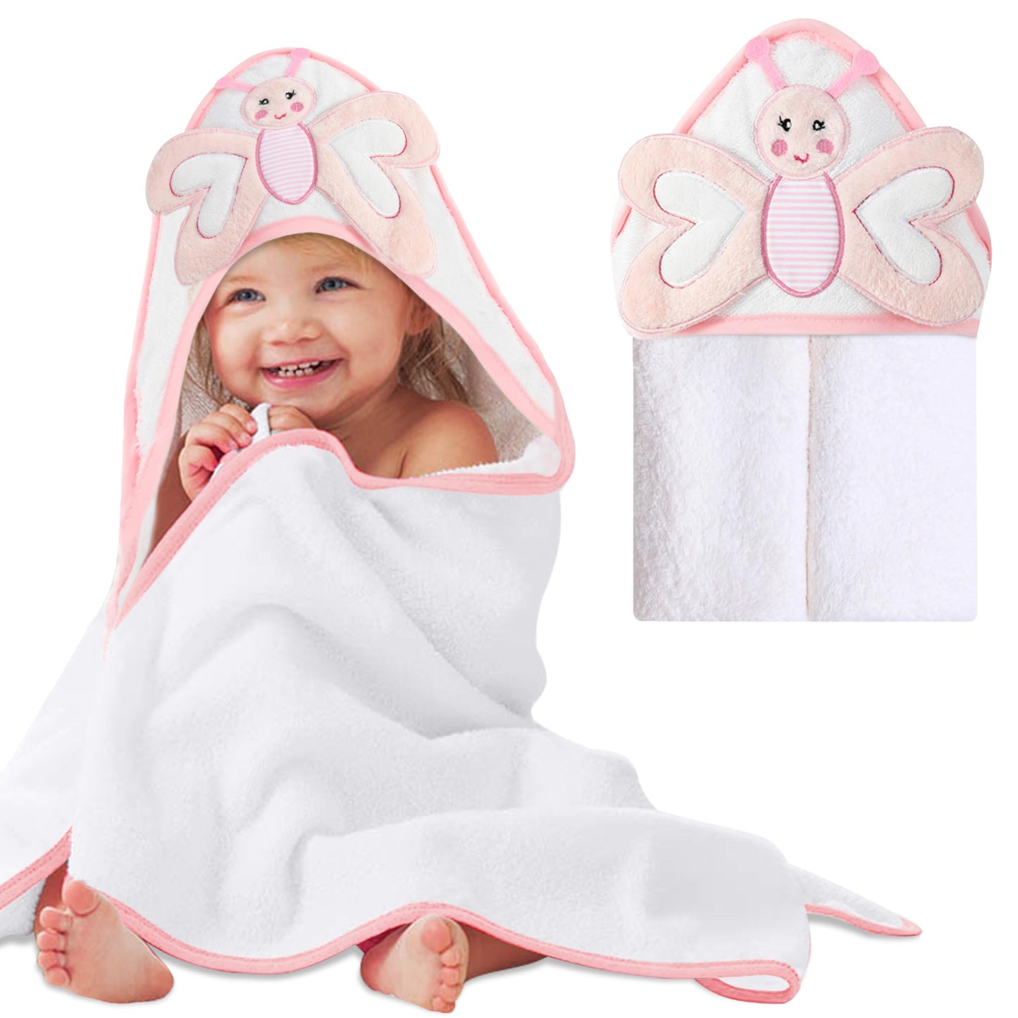 Mother's Choice Baby Hooded Towel - Large 33x33 Inch, 100% Cotton, Ultra-Soft & Absorbent Bath Towel for Newborns, Infants, Boys & Girls (Butterfly)