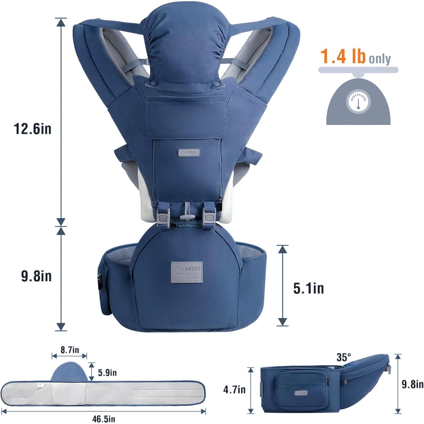 Baby Carrier, Ergonomic 6-in-1 Baby Carrier with Hip Seat for Newborn Infant Toddler, Adjustable Detachable Baby Holder Carrier for Dad Mom