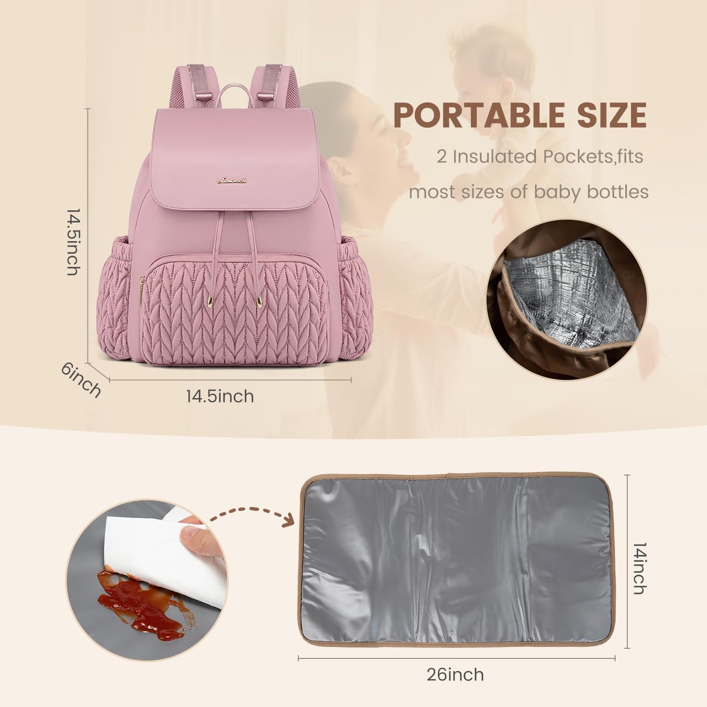 LOVEVOOK Diaper Bag Backpack, Small Baby Bag, Cute Baby Diaper Bag, Stylish Water-Resistant Travel Baby Bag for Mom, Baby Backpack with Changing Pad, Stroller Straps -Khaki