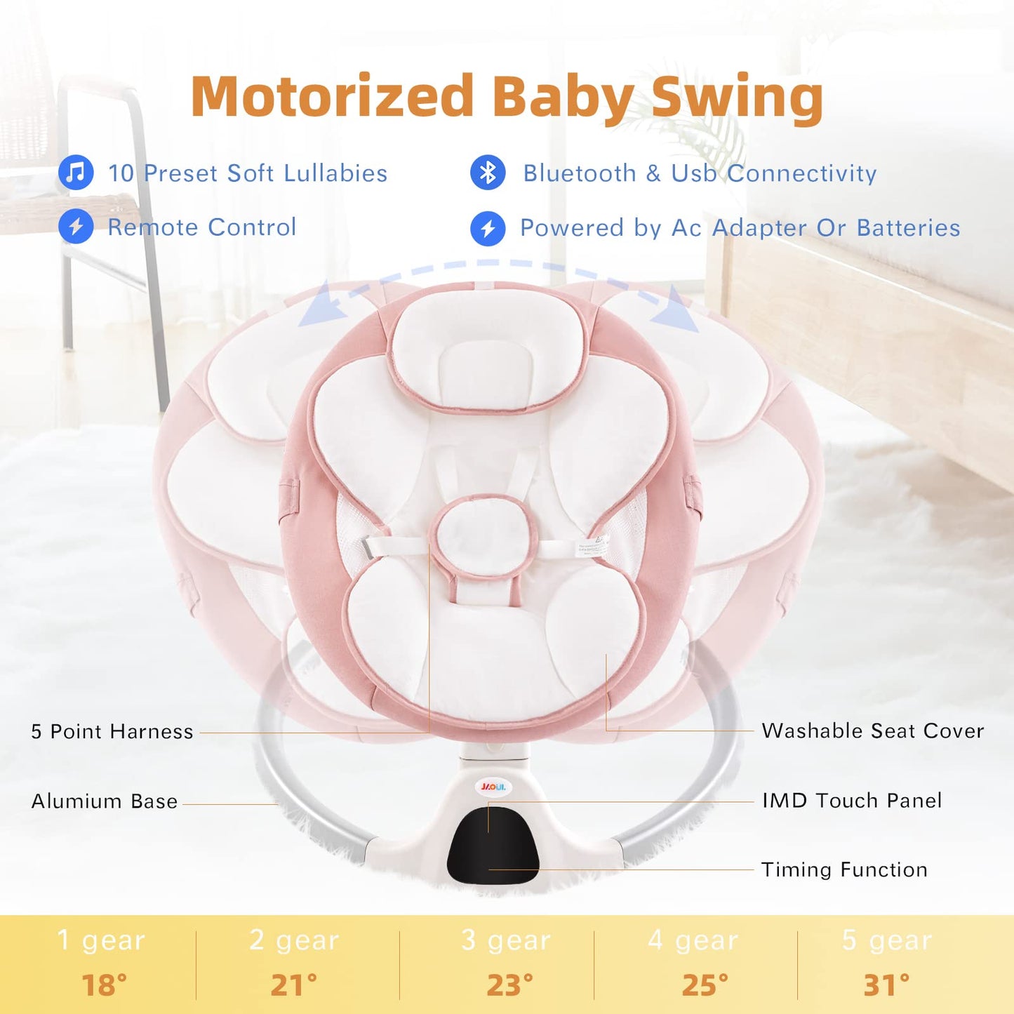 Jaoul Baby Swing for Infants - Electric Portable Newborn Bouncer With Bluetooth Touch Screen/Remote Control, Timing Function, 5 Speeds, 3 Seat Positions for Boys and Girls (Pink)