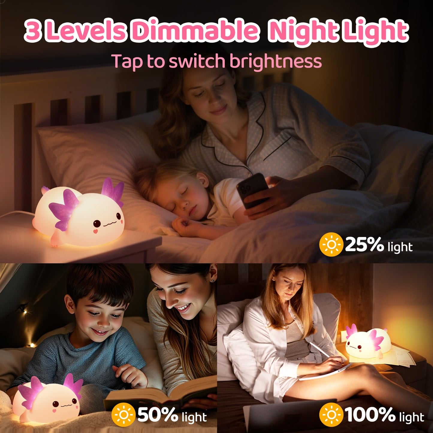 Huggwaii Squishy Axolotl Night Light for Kids – Dimmable Silicone Axolotl Lamp, 2025 Upgraded Baby Night Light, Rechargeable, 20H Battery Life, Sleep Aid Gift for Toddlers, Girls&Room Decor