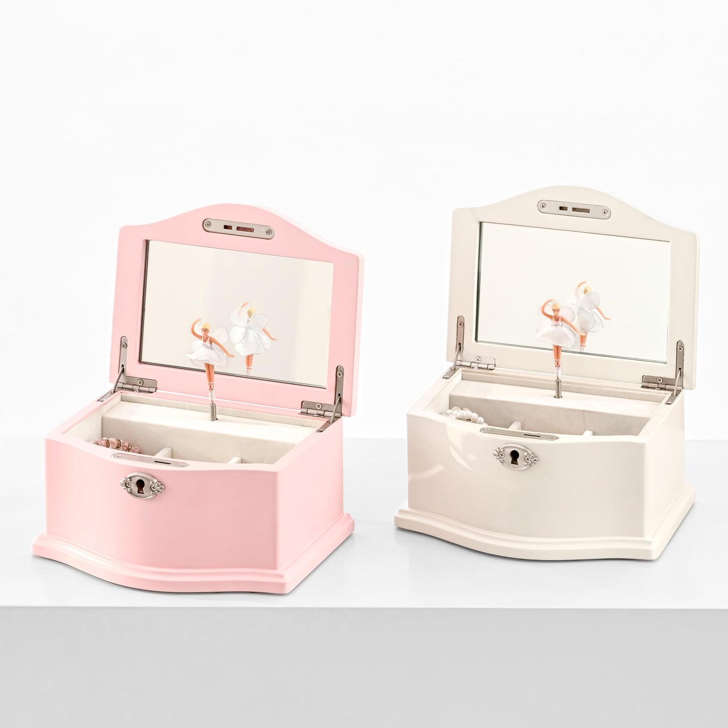 Wooden Musical Jewelry Box for girls with Mirror and Key Lock, Gift for Kids on Birthdays and Holidays (Pink, Small) (Beige, Small)