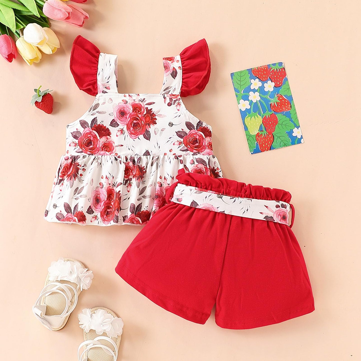 3-18M Newborn Baby Girl Pink Outfits Set Ruffle Sleeve Floral Top + Soild Shorts with Belt