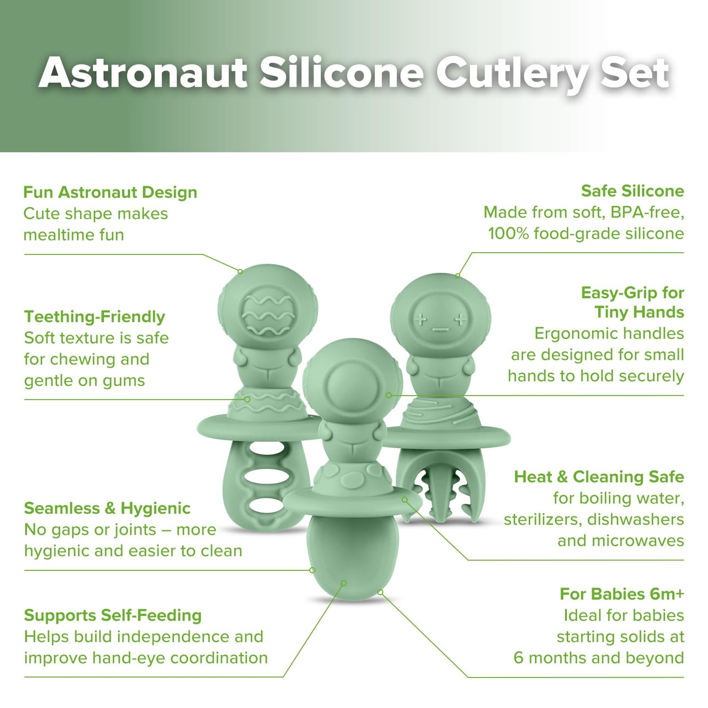 Haakaa Astronaut Beginner Silicone Cutlery Set ā Baby Spoons and Forks for Self Feeding 6 Months, Baby Led Weaning Supplies, Toddler Feeding Essentials