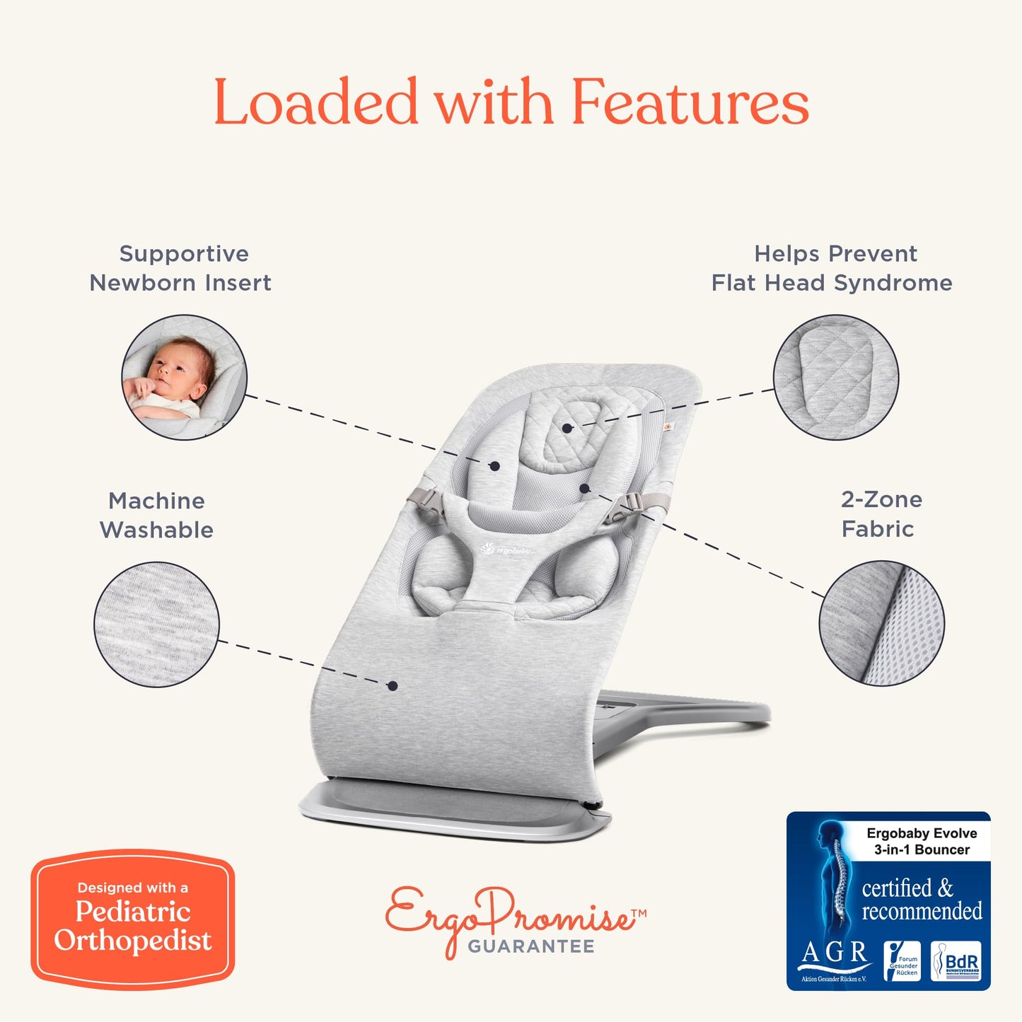 Ergobaby Evolve 3-in-1 Mesh Bouncer, Adjustable Multi Position Baby Bouncer Seat, Fits Newborn to Toddler, Grey Mesh