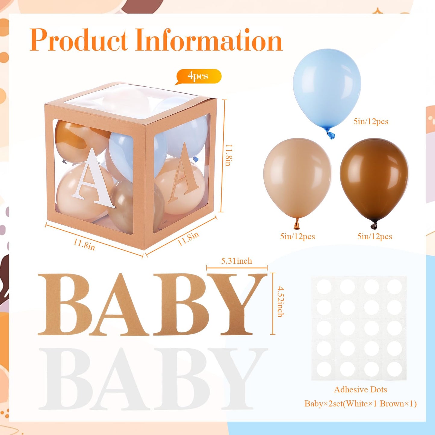 Zhanmai Baby Boxes for Bear Baby Shower Decoration with 4 Letters 36 Balloons 4pcs Transparent Clear Balloon Box Blocks for Boy Girl Balloon Boxes Gender Reveal Party Favors (Brown, Apricot, Blue)