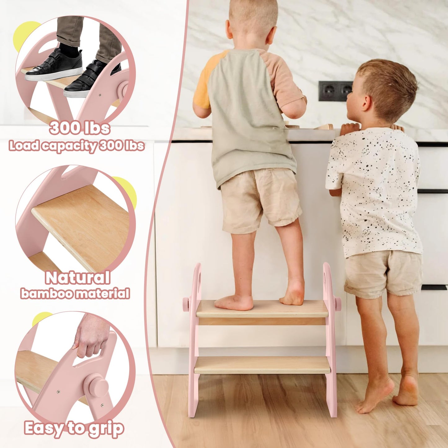 Wooden Step Stool, Two Step Stools, 300 lb. Load Capacity, with Safety Non-Slip Pads and Handles, Bamboo Step Stool for Bathroom and Kitchen, Children's Double Height Step Stools(Pink)