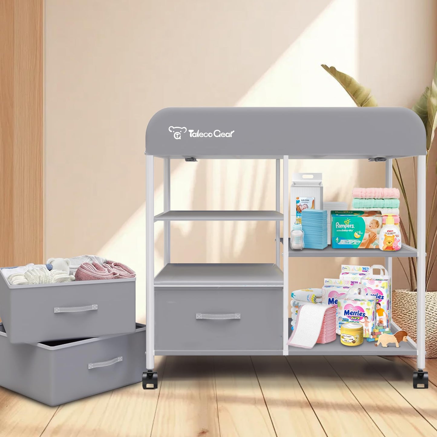 G TALECO GEAR Baby Changing Table, Portable Changing Table, Diaper Changing Station with Waterproof Pad, Changing Table Dresser with 3 Storage Baskets, Mobile Nursery Organizer for Newborn Essentials