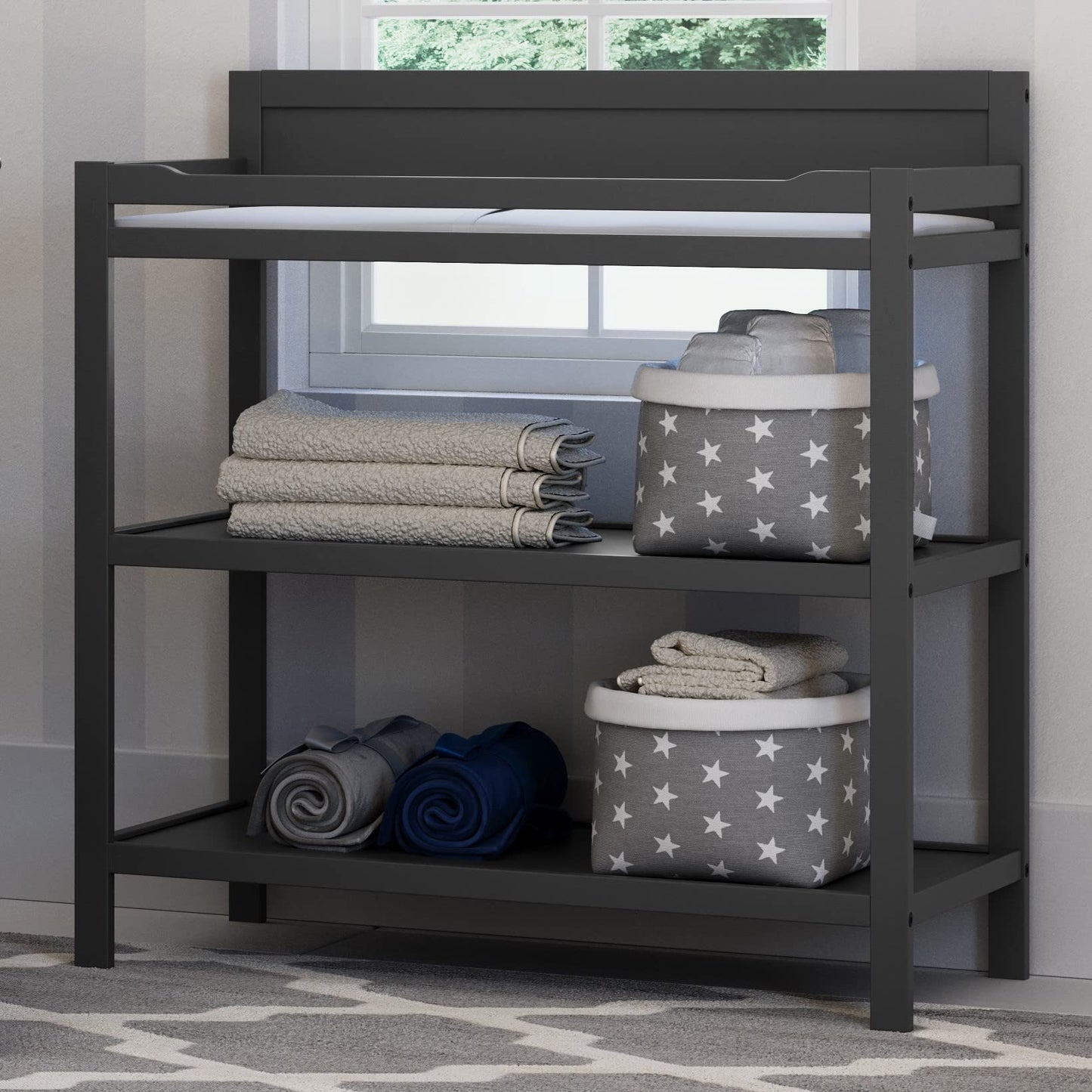 Storkcraft Alpine Changing Table (Black) – GREENGUARD Gold Certified Nursery Changing Table, Includes Water-Resistant Changing Pad, 2 Shelves for Nursery Storage and Organizing
