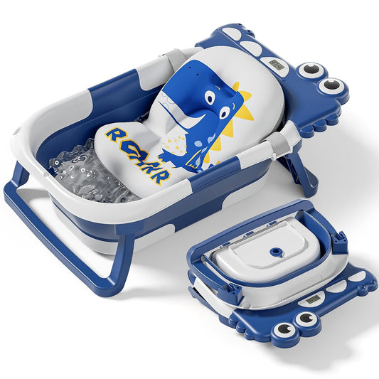 Collapsible Baby Bathtub for Newborn, Foldable Baby Bath Tub with Thermometer & Soft Floating Cushion & Drain Hole, Portable Travel Infant Bath Tubs for Newborns to Toddler 0-36 Months Girl, Pink