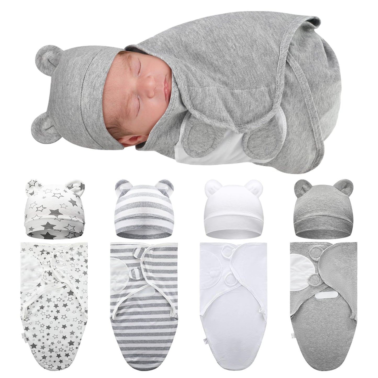 Buryeah 4 Pack Preemie Swaddle Blanket Wrap Set with Hat for Baby Boys Girls 3-7 Lbs Preemie Newborn Clothes Sleepers Cap
