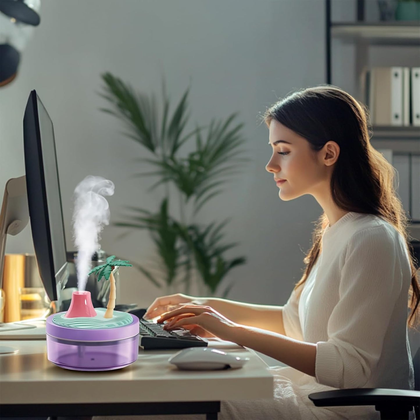 Landscape Night Light Humidifier with 2 Mist Modes, 320mL Large Tank Whisper-Quiet for Baby/Nursery/Office, Portable Mini Air Moisturizer (Coconut tree)