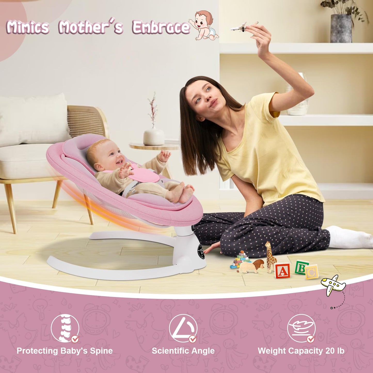 Electric Baby Swings for Infants to Toddler Baby Swing with Remote Control & Bluetooth Music 10-Preset Melodies (Pink)