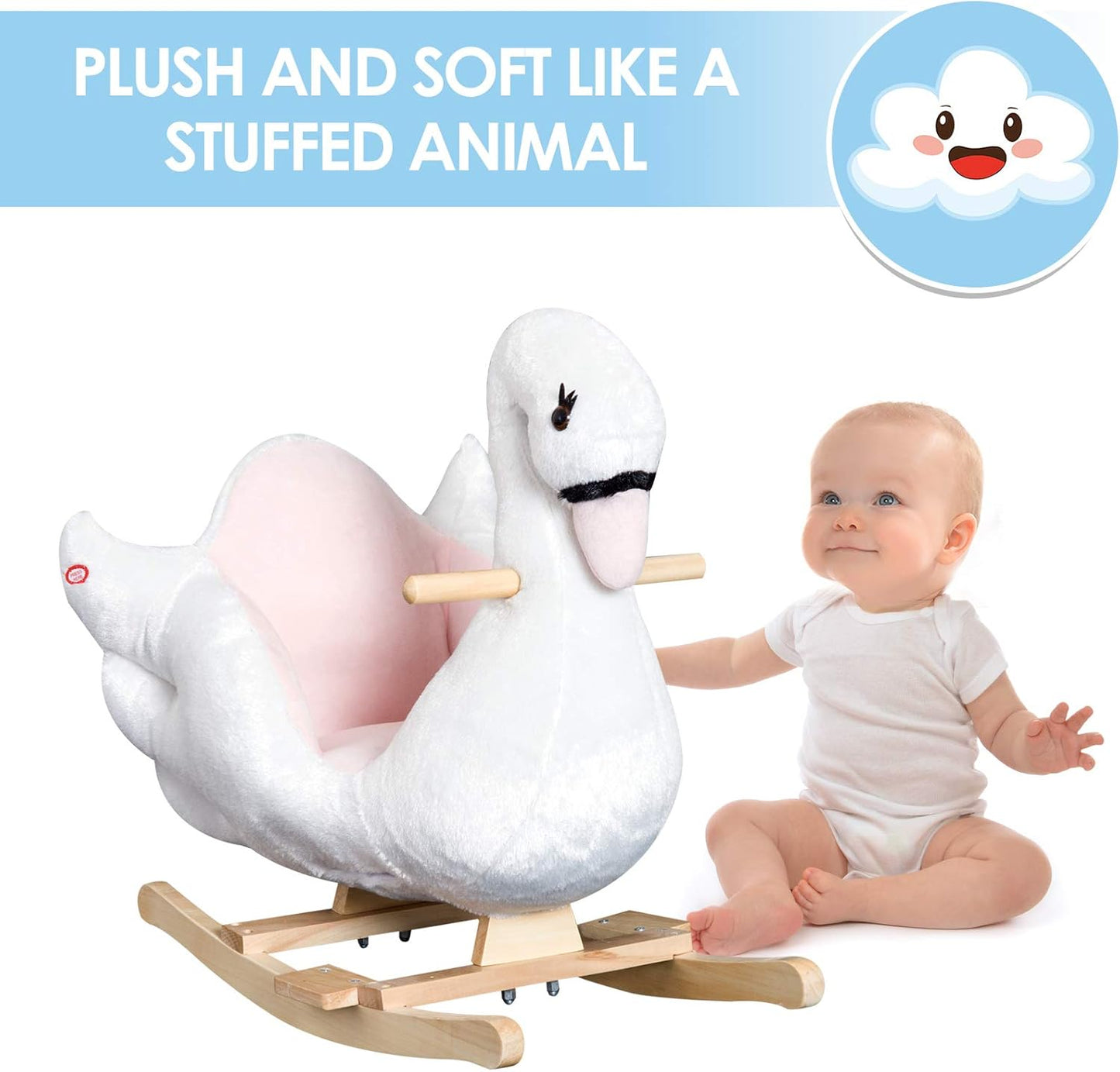Qaba Kids Ride On Rocking Horse Plush Swan Style Toy with Music for Over 18 Months Children, White and Pink
