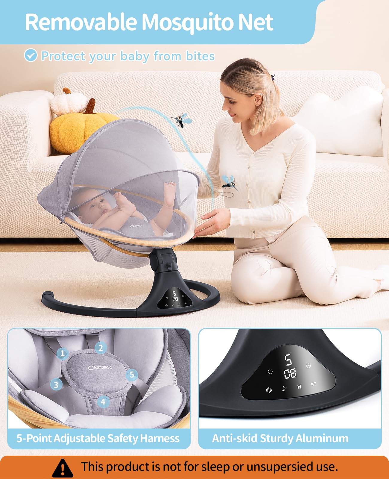 LAREX Baby Swing to Toddler Electric Infant Swing Portable for Newborn Boy Girl, 5 Sway Speeds with Remote Control, 12 Preset Melodies and Bluetooth, 0-6 Months Max 20 Lbs(Dark Wood Grain)