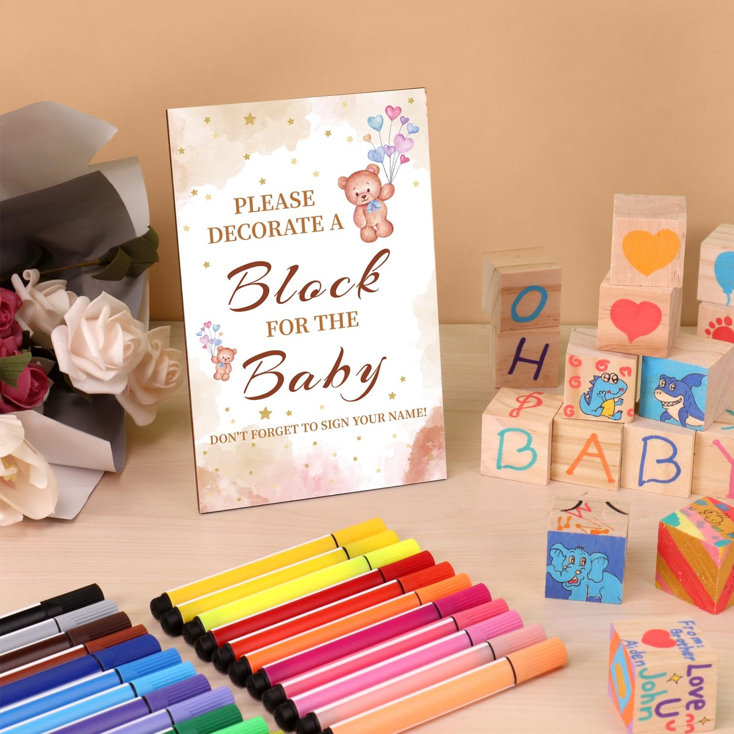 Baby Shower Games Sign Kit with 50 Blank Wooden Baby Blocks, 24 Acrylic Paint Marker and Wooden Sign, Blocks for Baby Shower, Gender Reveals Party(Green)