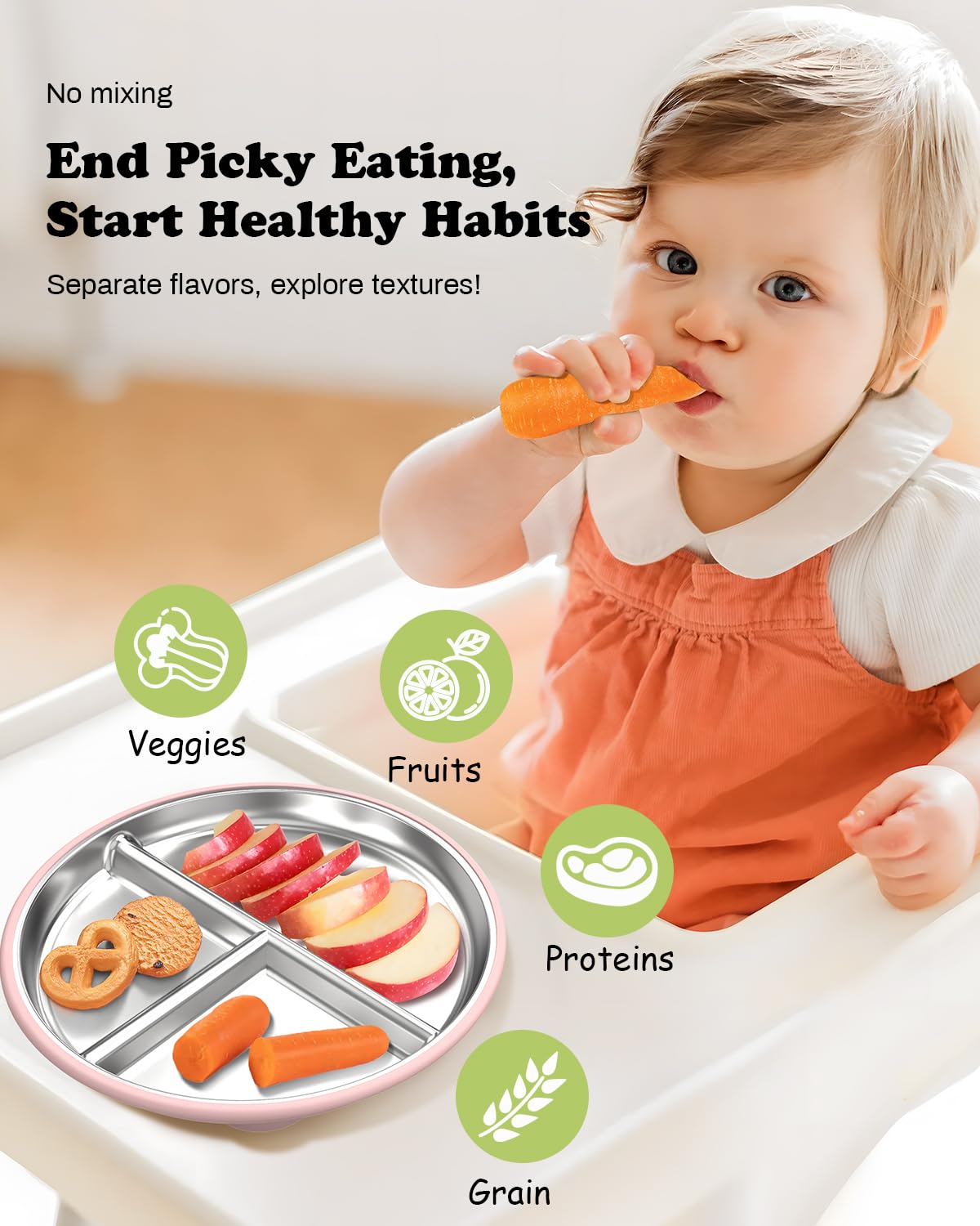 Stainless Steel Baby Plate with Suction, 9” Divided Toddler Plates with Removable Silicone Sleeves for Kids, Non-Toxic Non-Slip Unbreakable Dishwasher Safe Dinnerware Set of 2, Pink & Beige