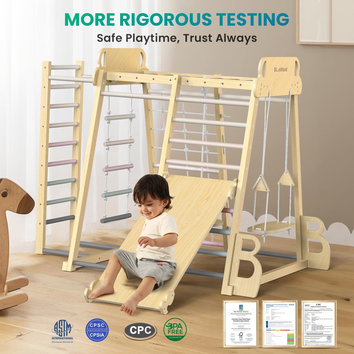 Upgraded Indoor Playground 9-in-1 Jungle Gym Kids Climbing Toys, Montessori Philosophy Waldorf Style Wooden Climber Playset with Slide, Swing, Monkey Bars, Upright/Rope Ladder, Climb Net, Rainbow