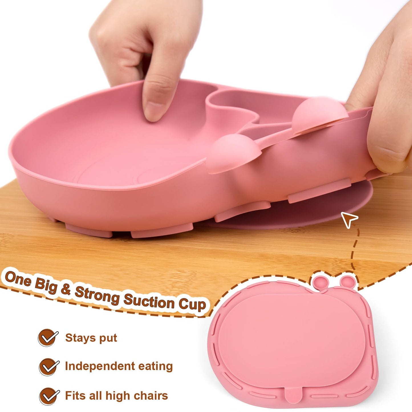 Silicone Baby Plate with Super Suction β Snail Shape 3 Compartment Toddler Food Plate Self Feeding Unbreakable Eating Supplies for Boys and Girls (Pink) (Green)