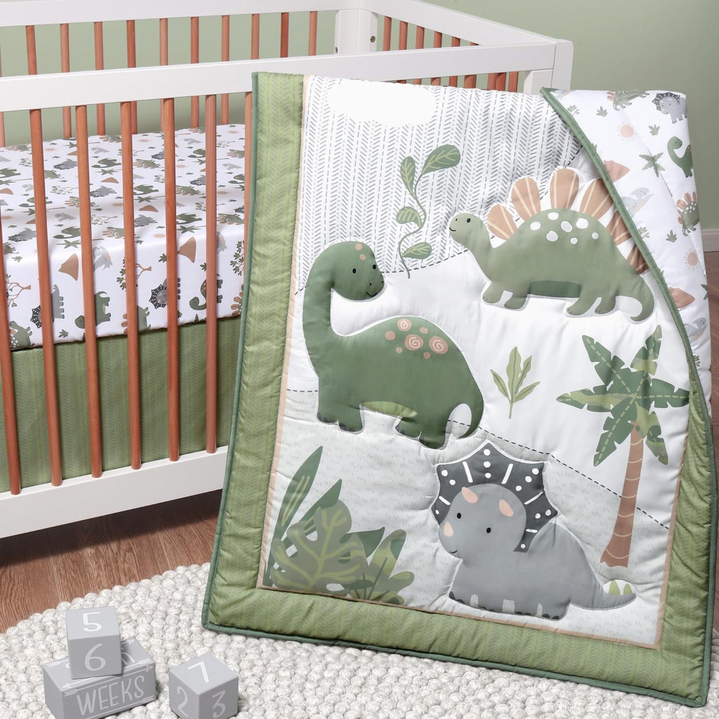 The Peanutshell 3 Piece Baby Crib Bedding Set for Boys - Newborn, Infant & Toddler Nursery Bed Set Decor with Fitted Crib Sheet, Dust Ruffle Comforter - Dinosaur Dreams