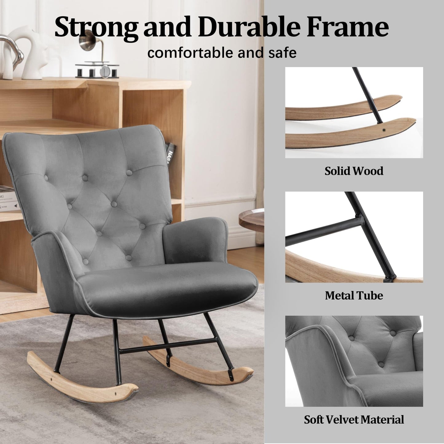 Rocking Chair for Nursery, Comfy Velvet Fabric Glider Rocker, Reading Chair with Support Seating and Side Pockets, Rocking Recliner Chair for Living Room, Bedroom, Balcony, Creamy Beige