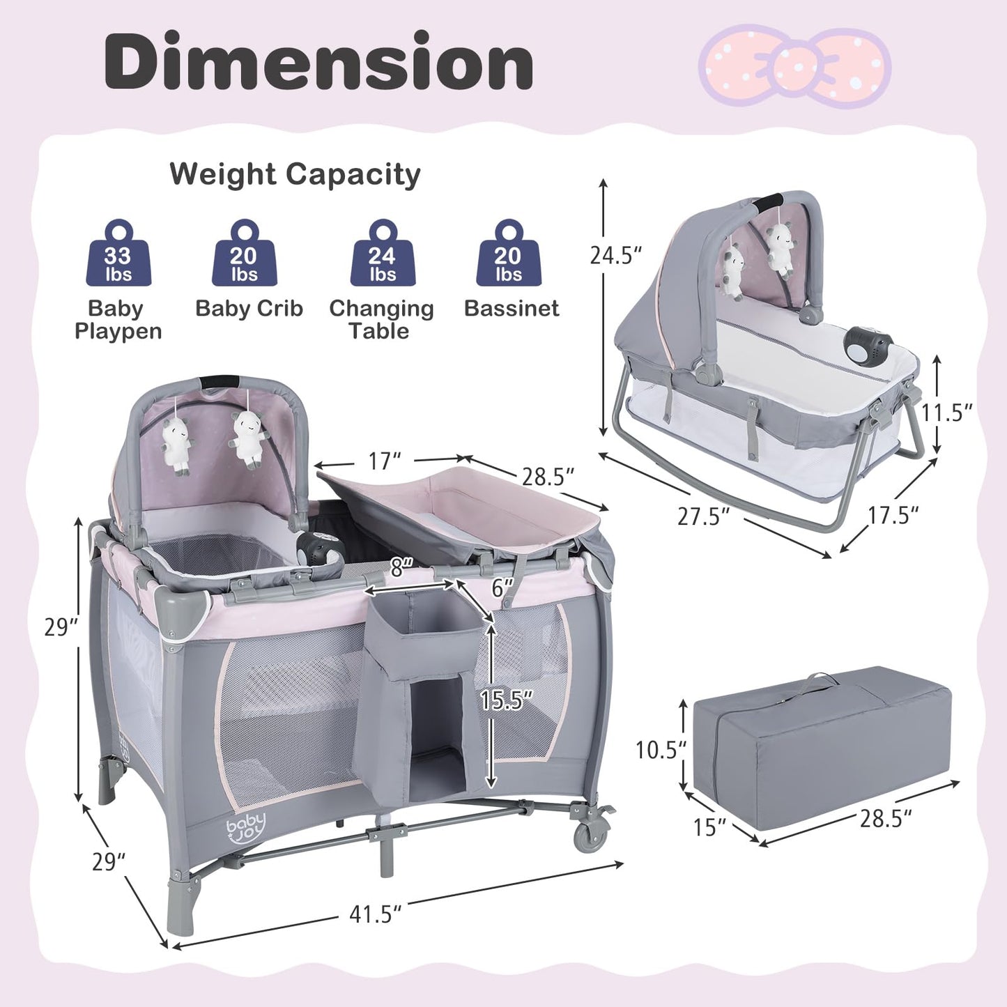 BABY JOY 5 in 1 Pack and Play, Portable Baby Playard w/Bassinet & Diaper Changing Table, Infant Pink Bassinet Crib with Toys & Music & Oxford Bag for Baby Girl Toddlers (Pink + Purple, Starry Sky)