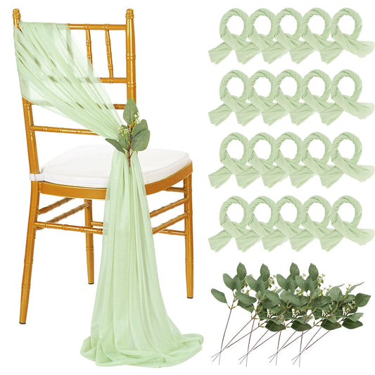 QueenDream Light Blue Sashes Chair Aisle Decorations: 24 Pack Baby Shower Chair Cover 8FT Long Tulle Draping Fabric Wedding Reception Church