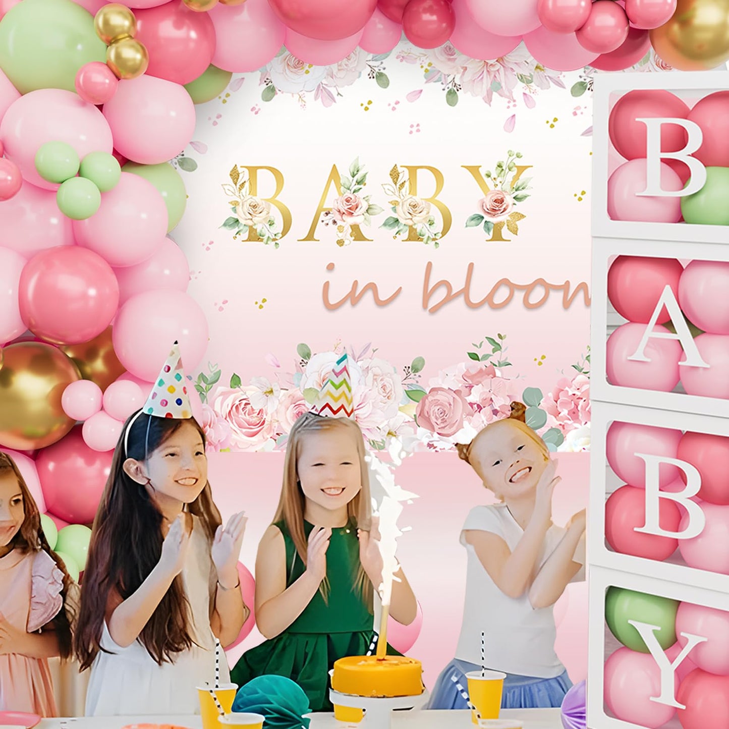 Baby in Bloom Baby Shower Decorations - 116pcs Pink and Sage Green Balloon Arch Kit, BABY in Bloom Backdrop and Baby Boxes with Letters for Pink Floral Baby Shower Decorations for Girl
