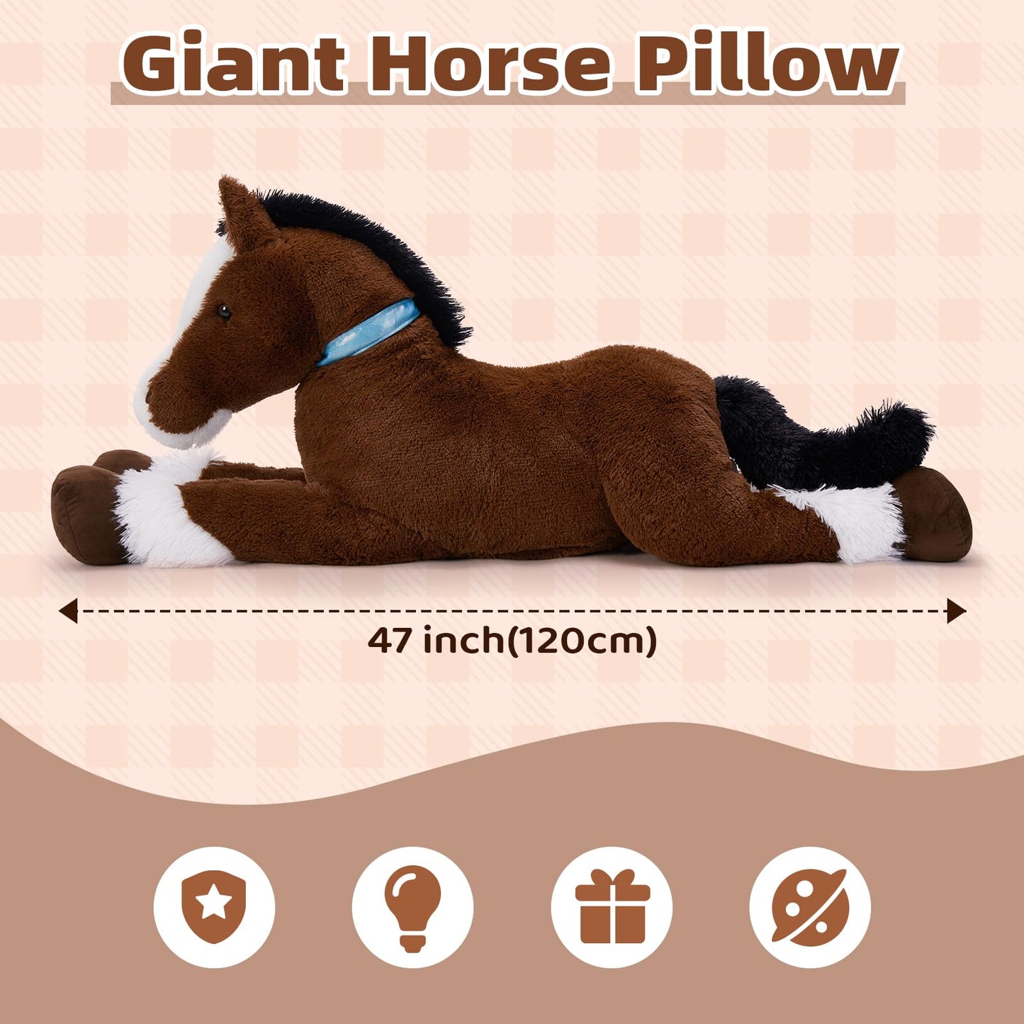 Tezituor 47 Inch Giant Horse Stuffed Animal, 4ft Realistic Chocolate Stuffed Horse Plush Toy, Hugging Soft Horse Pony Plush Pillow for Boys Girls,