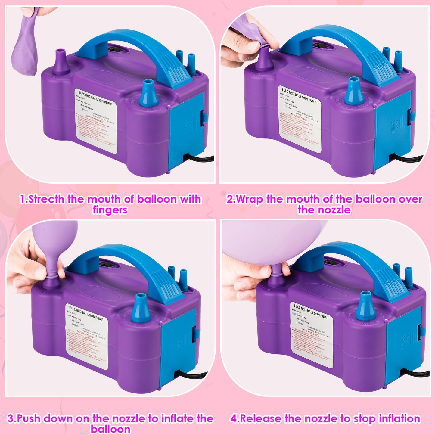 Balloon Pump Electric, Portable Automatic Dual Nozzle Inflator 110V 600W with Tying Tools for Birthday Gender Reveal Baby Shower Balloons Party Decorations
