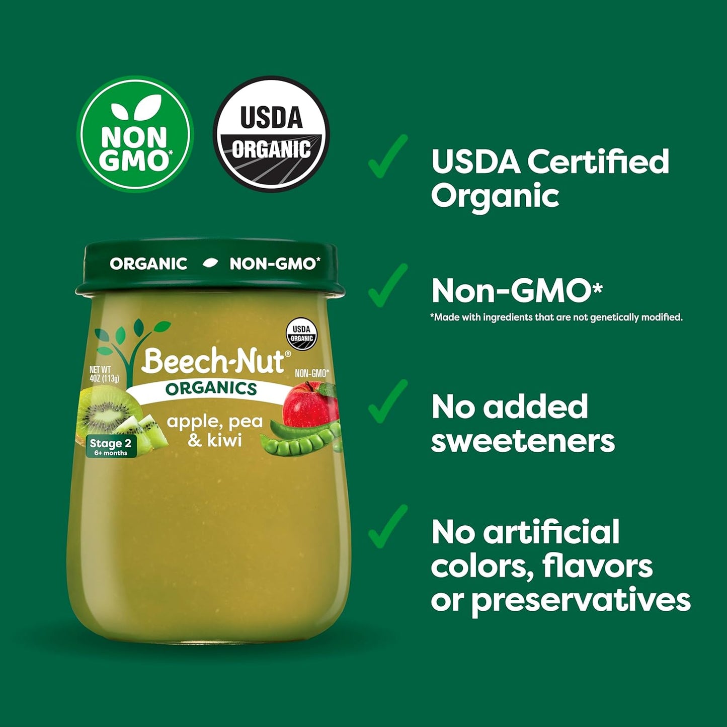 Beech-Nut Organics Stage 2 Organic Baby Food, Apple Pea & Kiwi, 4oz Jar (10 Pack)