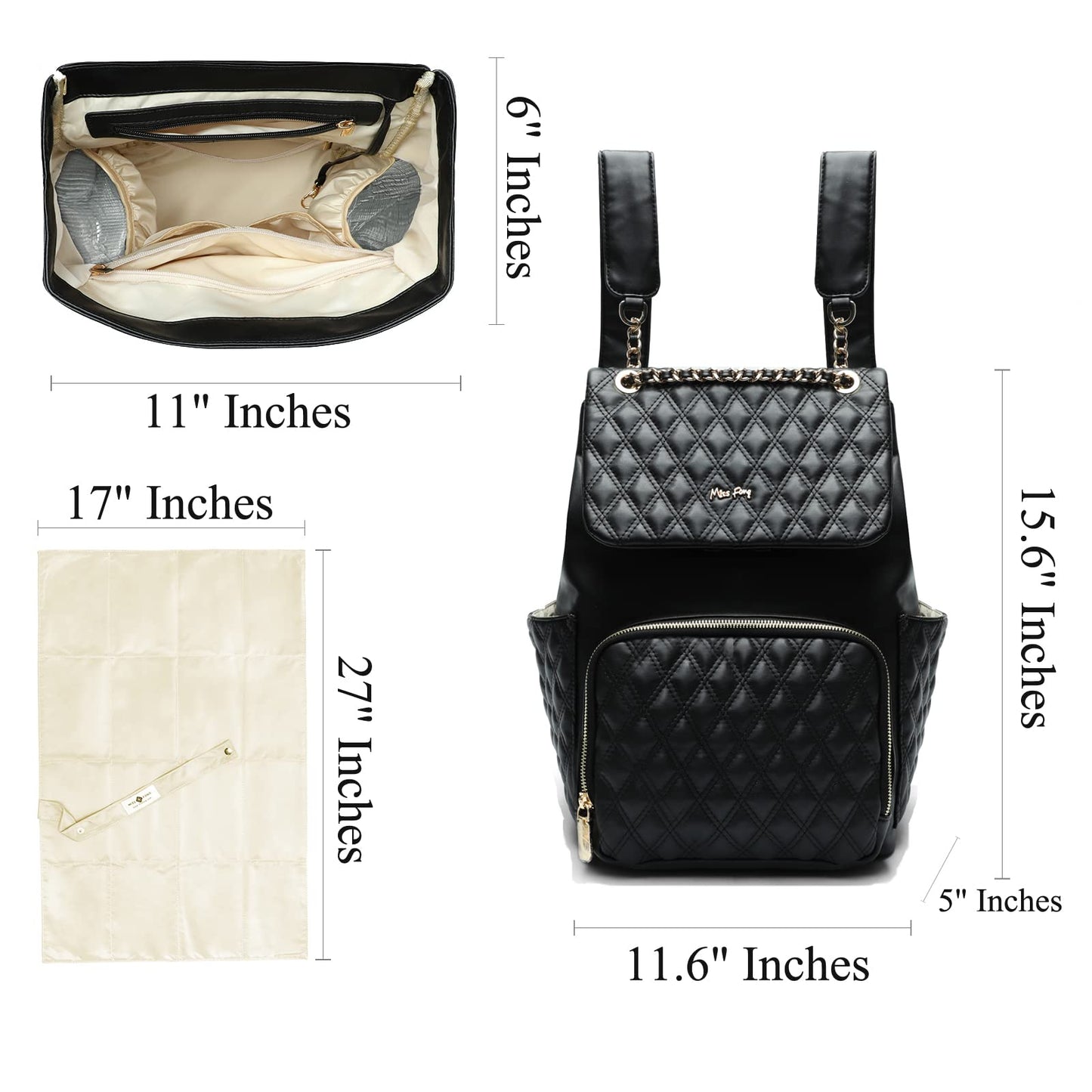 miss fong Diaper Bag Backpack Baby Diaper Bag for baby boy and girls, Leather Baby Bag with 13 diaper bag organizing pouches, Changing Pad, Stroller Straps and 4 Insulated Pockets(Black)