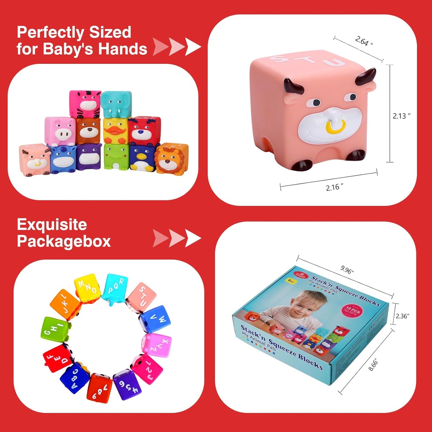 Soft Baby Blocks – Stacking & Building Toys for Babies and Toddlers – 12 No Hole Squeeze Animals Blocks – Sensory Teething Toys for Infant 6 Months+