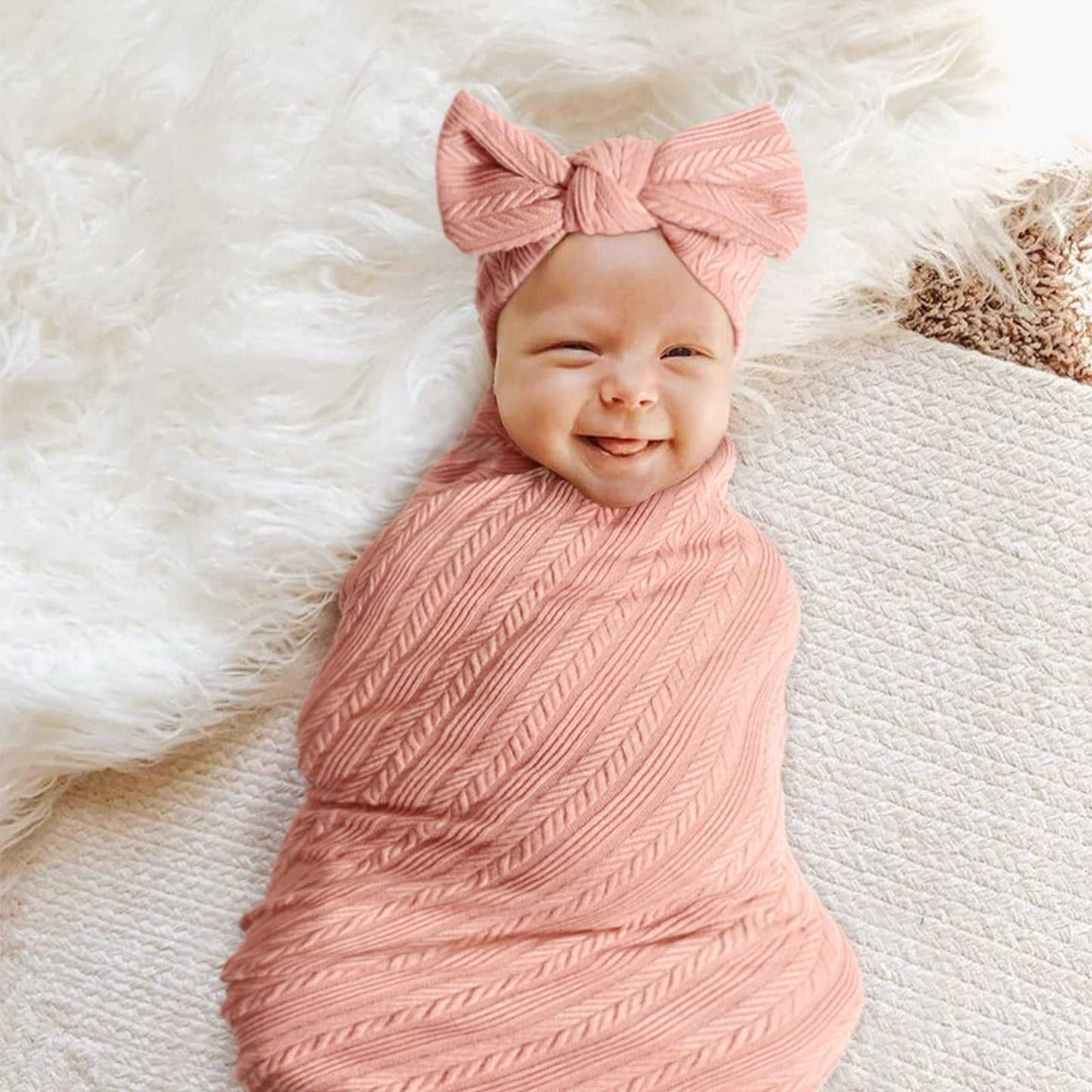 Newborn Receiving Blanket with Bow Hat Mittens Wooden Card Set Wheat-Pattern Newborns Toddler Baby Boy Girl Nursery Swaddle Wrap