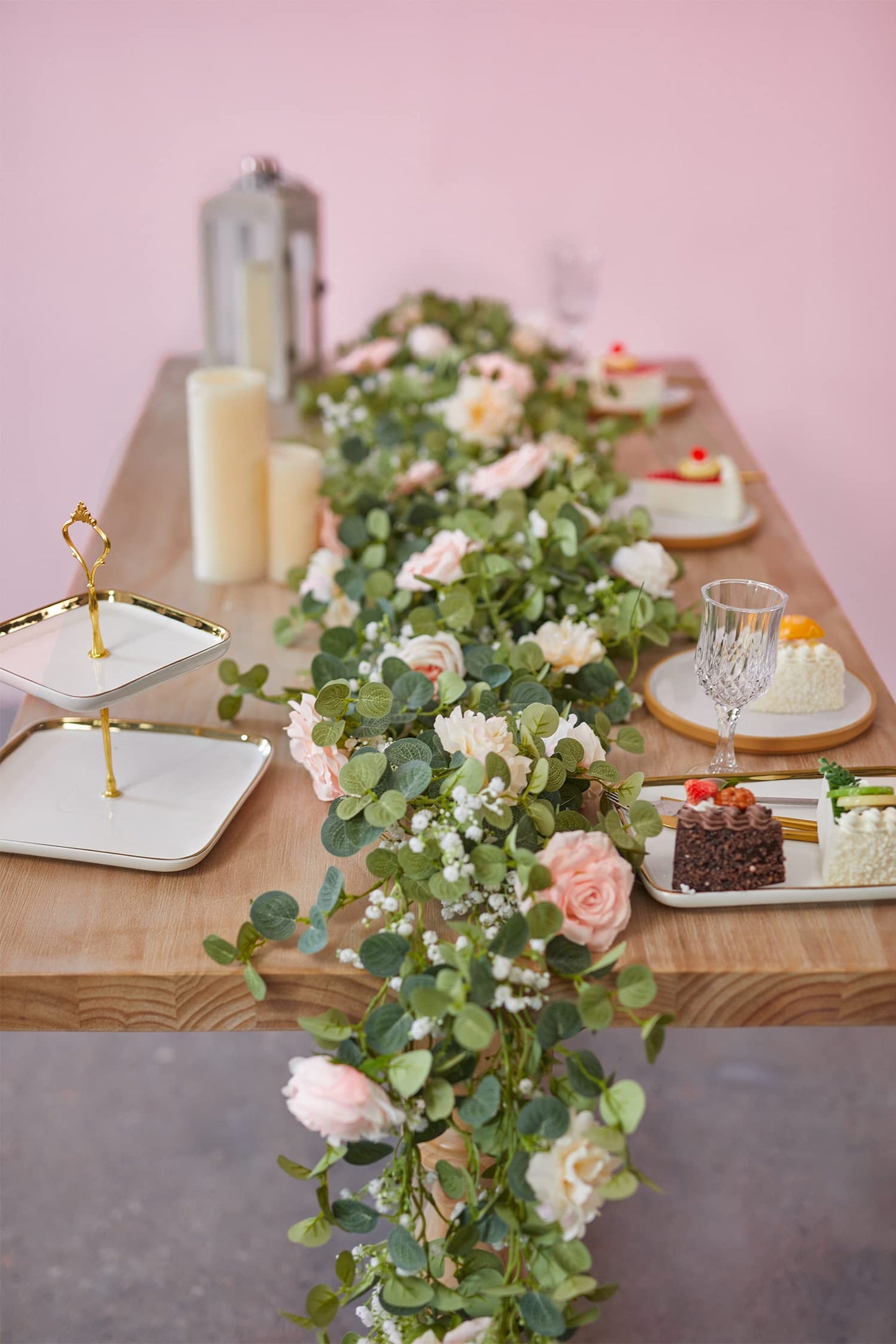 Anna's Whimsy 5.91FT Artificial Eucalyptus Garland with Flowers, Fake Flower Rose Gypsophila, Faux Floral Greenery Garland for Wedding Spring Home Party Craft Art Table Runner Decor
