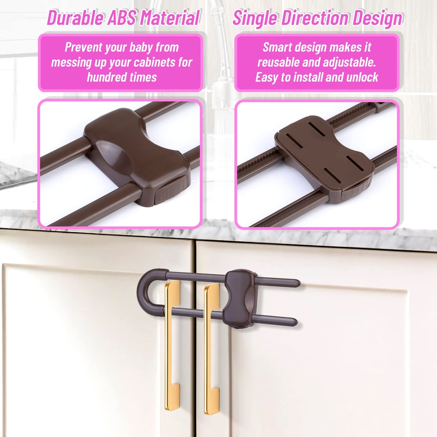 6 Packs Sliding Cabinet Locks, Modacraft Baby Proofing U-Shaped Child Safety Latches Adjustable White Locks for Handles Knobs Drawers Closet Cupboard
