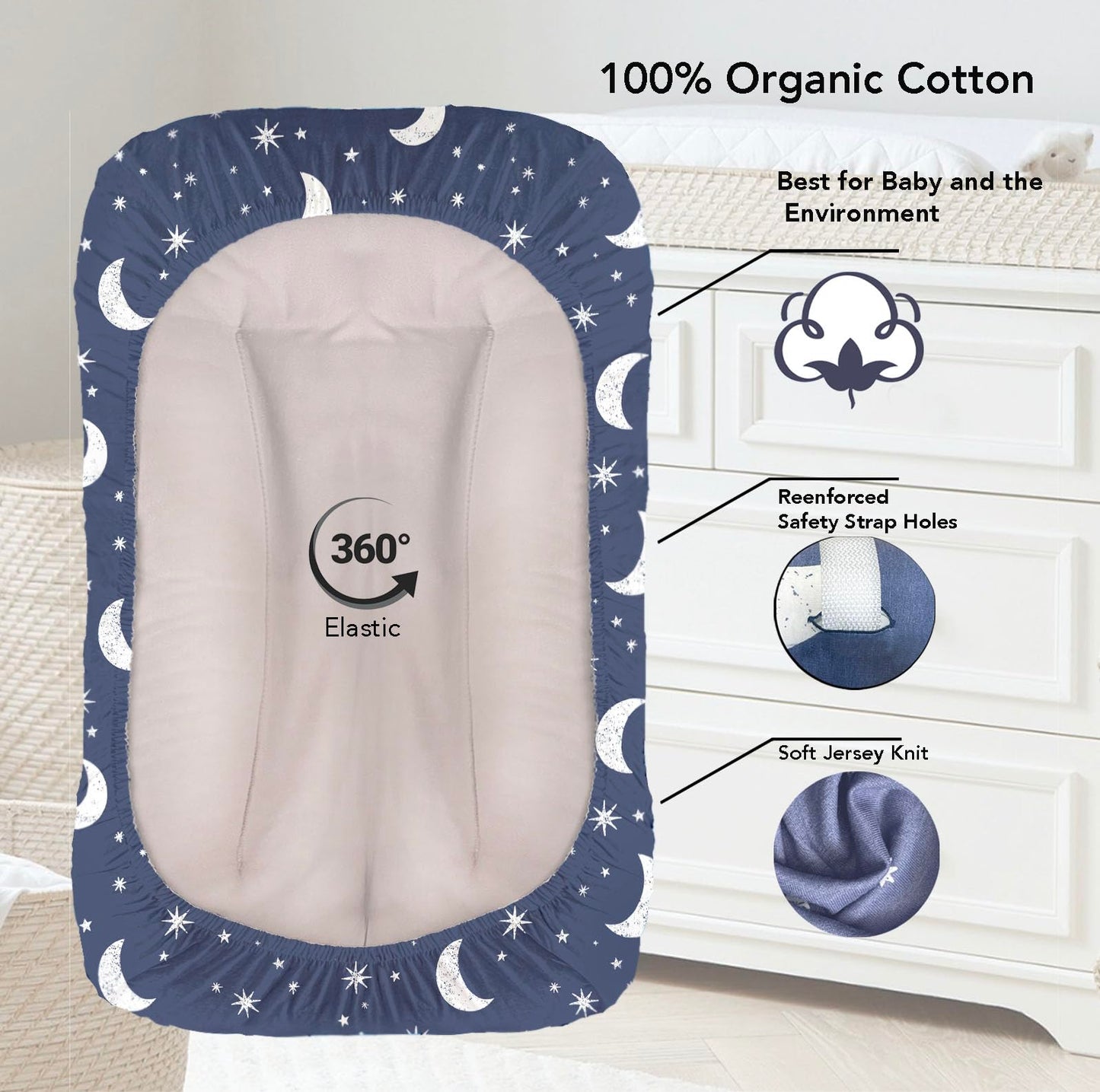 100% Organic Cotton Baby Lounger or Changing Pad Covers with Reenforced Safety Strap Holes. Fits Evolur, Munchkin, Delta, Snuggle Me and More. Multi-Use, Pink for Girl. 3 Pk of Covers Only.