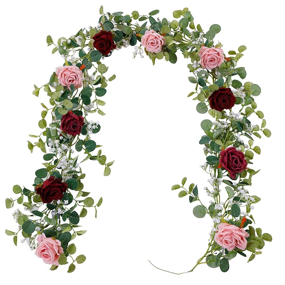 Anna's Whimsy 5.91FT Artificial Eucalyptus Garland with Flowers, Fake Flower Rose Gypsophila, Faux Floral Greenery Garland for Wedding Spring Home Party Craft Art Table Runner Decor
